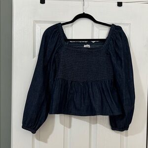 J. Crew Navy Smocked Square-Neck Peasant Top